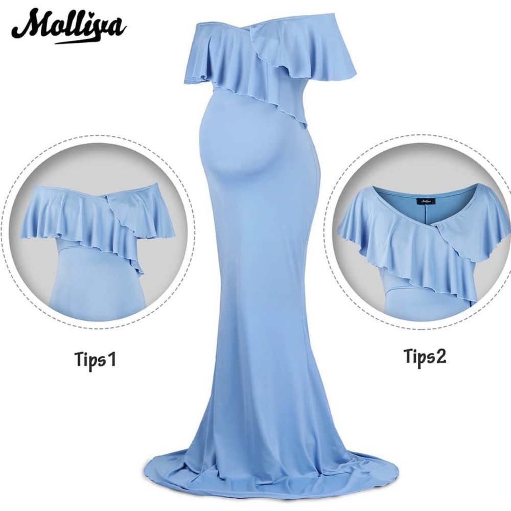 NWT Maternity Women's Off-Shoulder Blue Maxi Dress